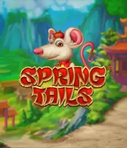 A whimsical illustration of a white rat dressed in traditional Chinese attire standing in a picturesque mountain backdrop. The image is for the Spring Tails game by Betsoft, highlighted with striking red and gold logo text.